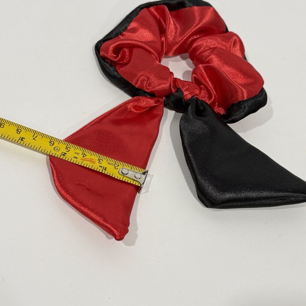 Handmade Red Black Satin Scrunchie Scarf Bow Hair Tie Ponytail Holder - Picture 5 of 11
